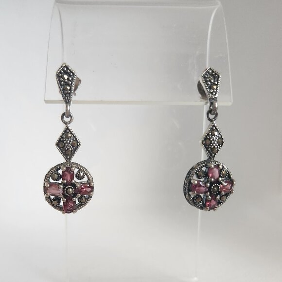 925 SILVER ART DECO STYLE EAR RINGS WITH GARNET AND MARCASITES. - Picture 4 of 7